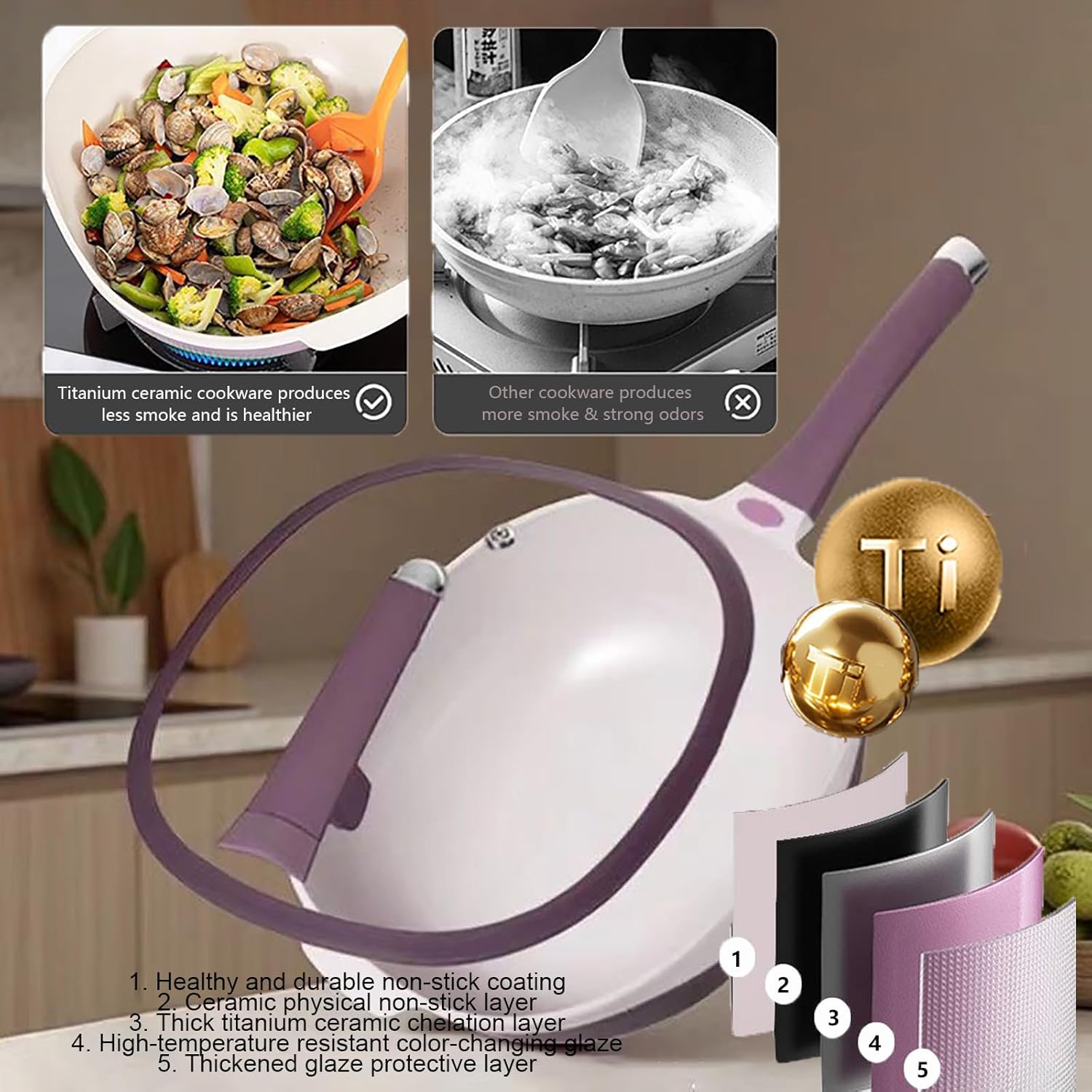 12In Titanium Alloy Nonstick Pan with Lid & Steamer, Ergonomic Stay-Cool Handle, Deep Saute Pan, Multipurpose Ceramic Frying Pan for Cooking Frying,Induction & Gas Stove Compatible