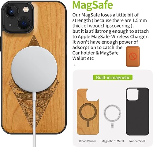 Miniatura 22 de Carveit Funda magnética de madera para iPhone 13 Pro [madera natural y TPU suave negro] funda protectora de madera única y elegante a prueba