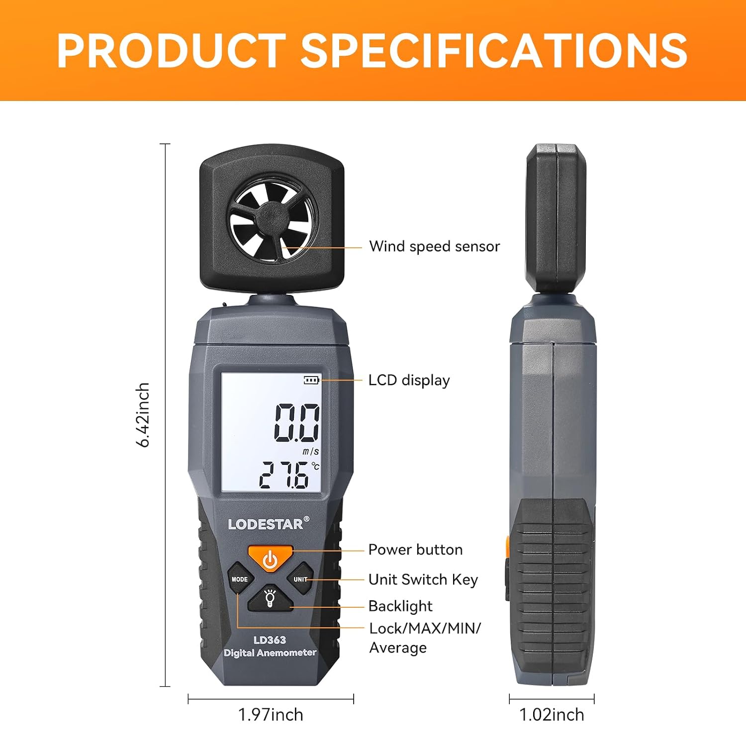 LODESTAR LD363 Digital Anemometer, Handheld Anemometer, Digital Wind Speed CFM Meter Gauge Air Flow Velocity Tester for HVAC Shooting Drone, Wind Chill, 32℉-122℉ Wind Temperature