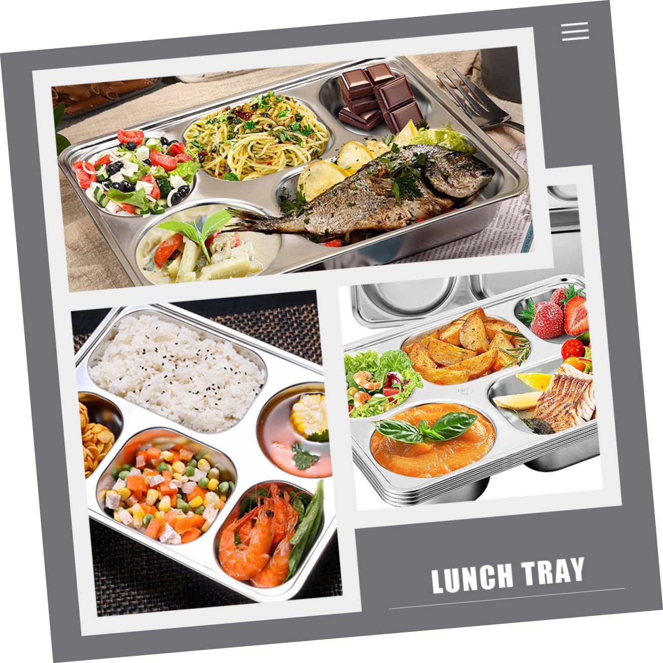 Lot de 3 Assiettes Repas en Acier Inoxydable à Trois Compartiments