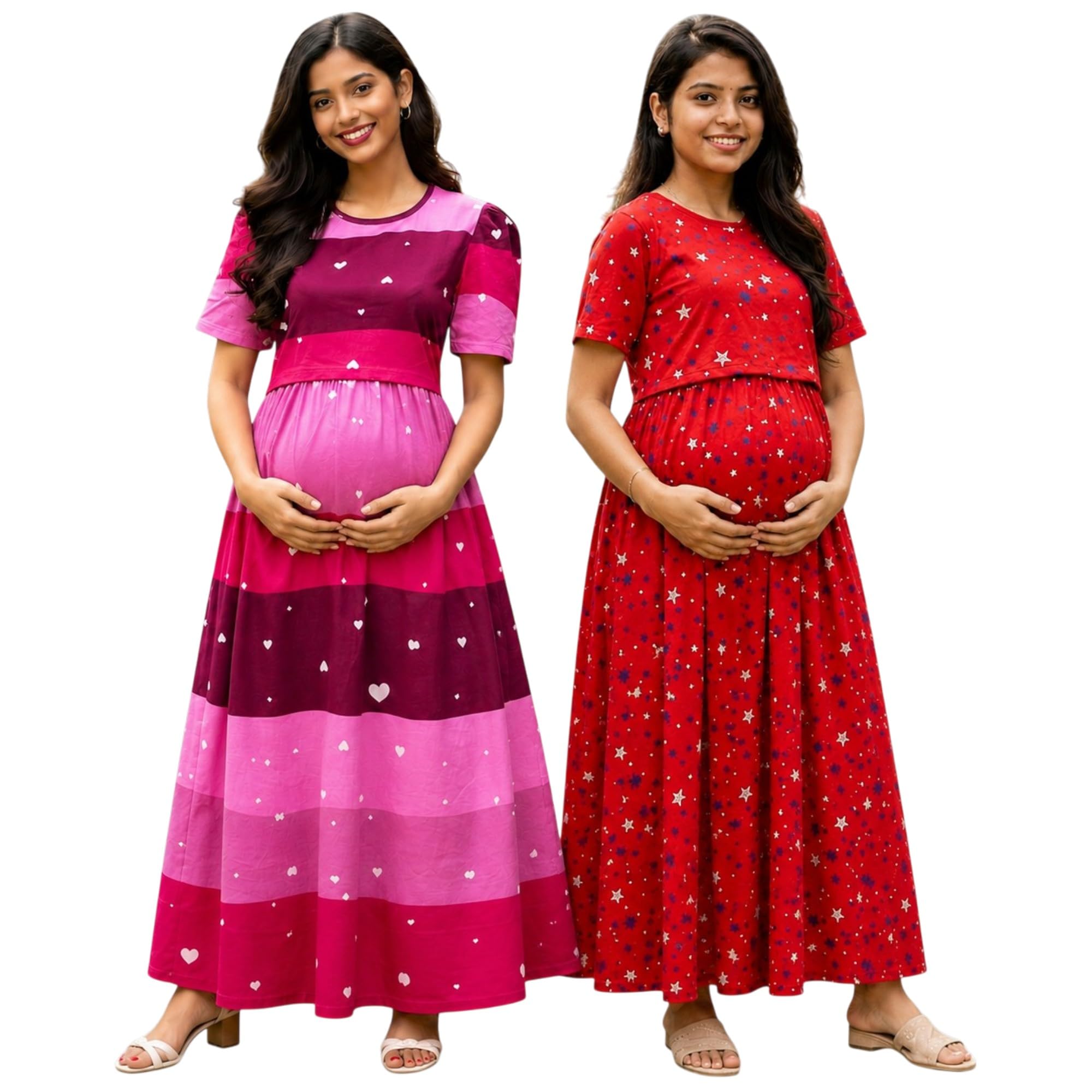 RENIS.Store Women's 100% Cotton Zipless Feeding Maternity Nighty Pack of 2 | Pull Up Nursing Night Dress, Feeding Wear Back Tie with Side Pocket | Pink Color & Red Color | Size - L-image-35