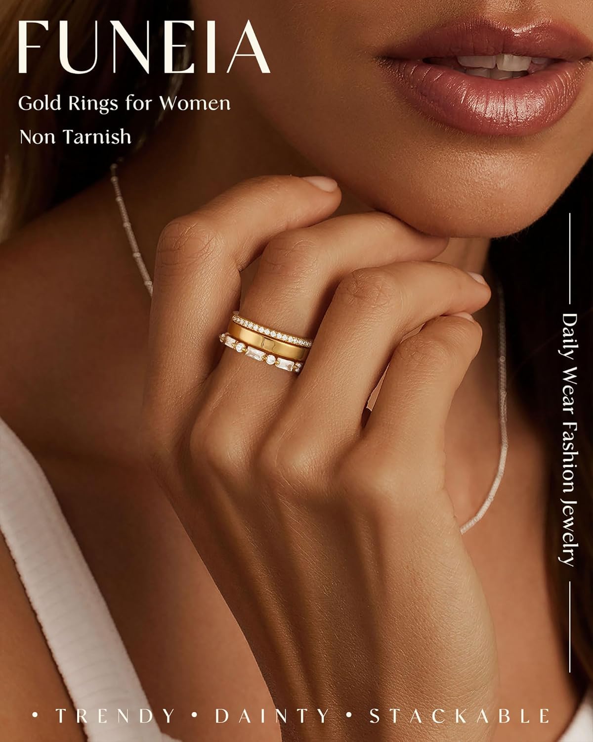 FUNEIA Stackable Gold Rings for Women Non Tarnish Chunky 14K Gold Plated Rings that Don't Tarnish Engagement Cubic Zirconia Ring Set Stack Dainty Pinky Wedding Bands Thumb Rings Gold Jewelry Size 6-11 - Image 2