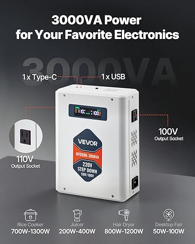 Miniatura 2 de VEVOR Convertidor de voltaje descendente, 3000 VA, convertidor de potencia de voltaje resistente, transformador de potencia de 220 V a 110 V, con 2