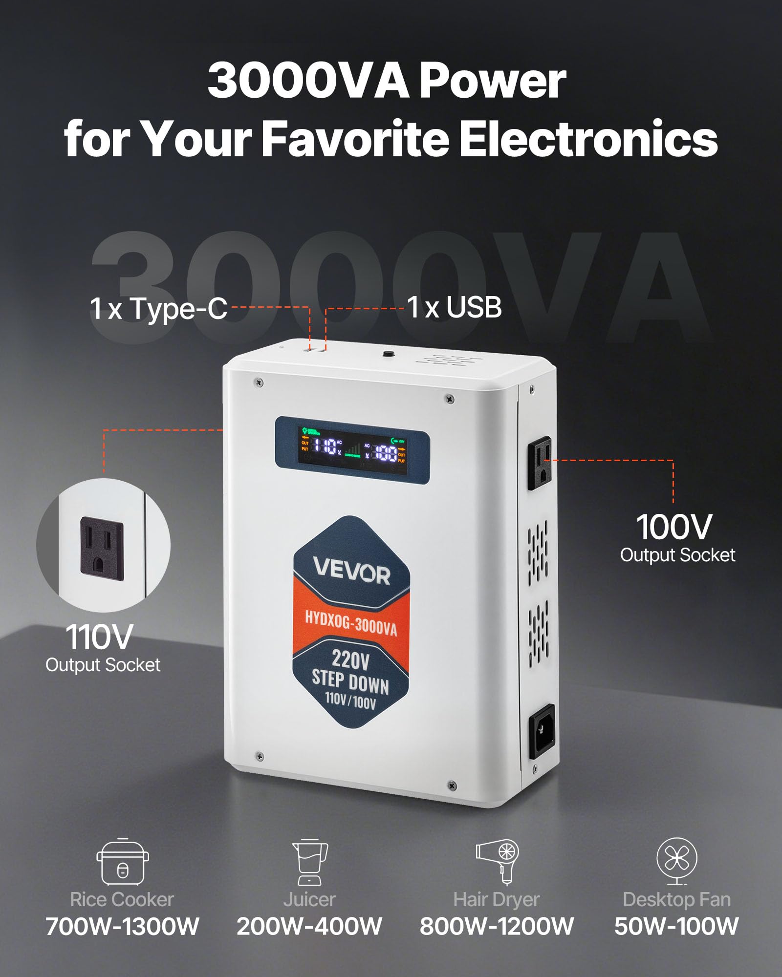 VEVOR Convertitore di Tensione Step-Down da 3000 VA, Trasformatore di Potenza per Impieghi Gravosi da 220 V a 110 V con 2 Prese USA, Uscita USB, Display LCD, Protezione della Temperatura