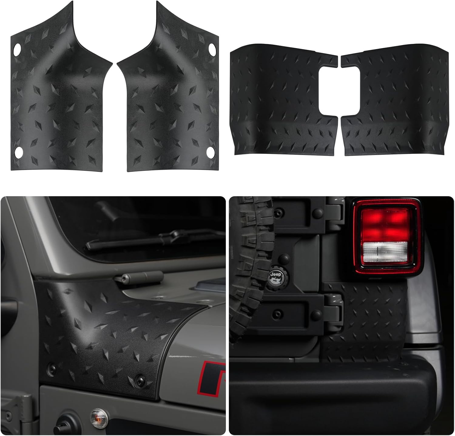 Jeep Cowl Body Armor Outer Cowing Cover & Rear Corner Guard Set for 2018-2024 Jeep Wrangler JL Sahara Sport Rubicon, Exterior Accessories Parts, Black, 4pcs