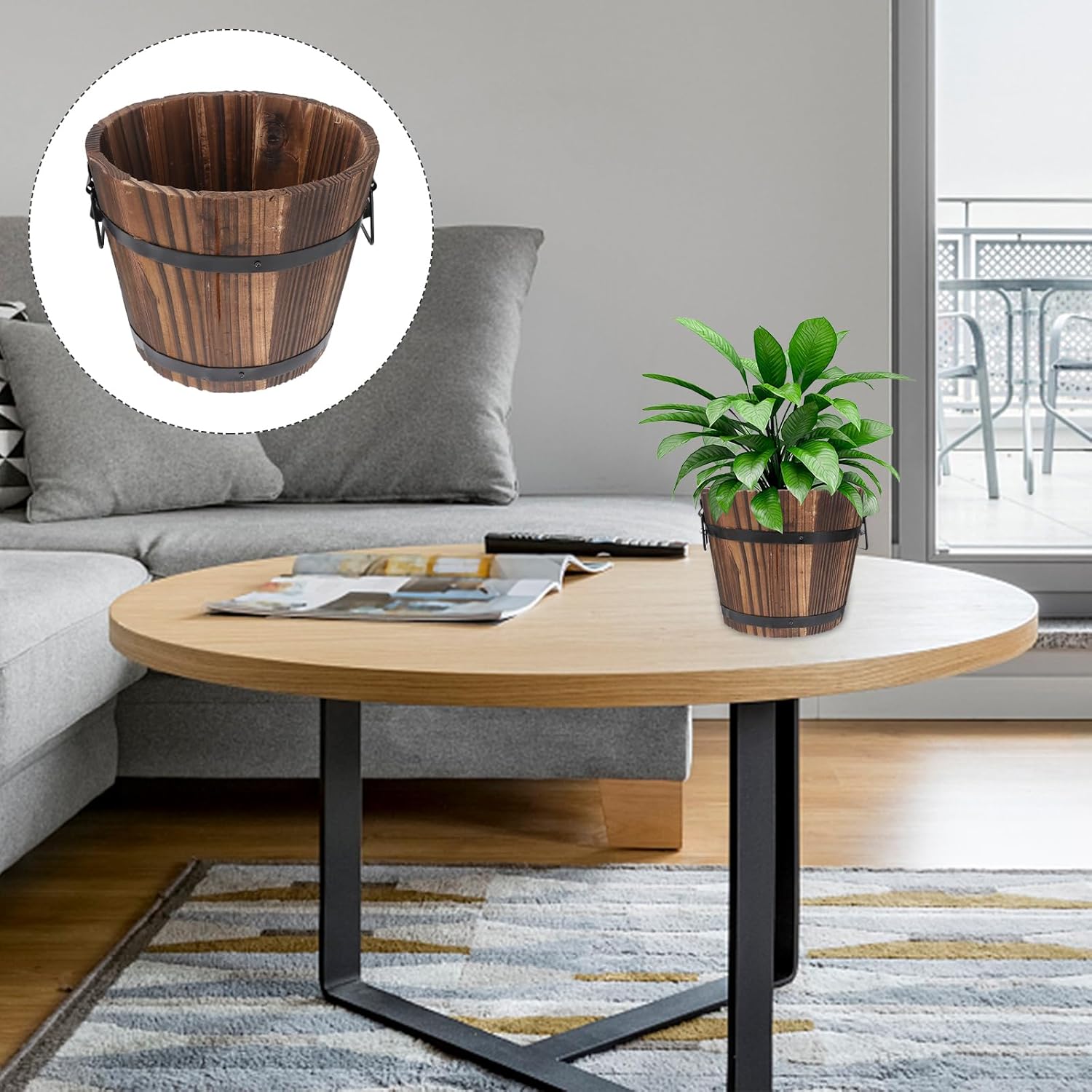 DOITOOL Wooden Whiskey Barrel Planter Large Wooden Planters Round Garden Flower Pot Decor Wood Planter Flat Mouth 19x14x15cm