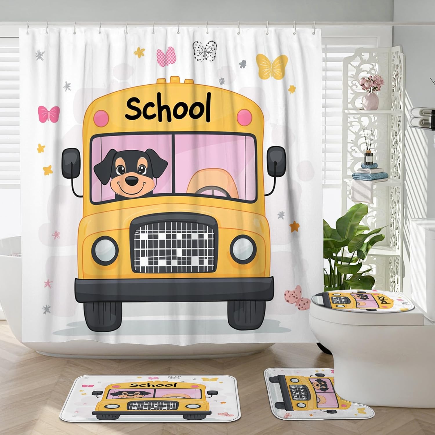 4PCS Cartoon Rottweilers Dog Bathroom Accessory Sets with Non-Slip Rug, U Shape and Toilet Lid Cover Mat, Kid School Bus Bathroom Fabric Decor-72''x72''