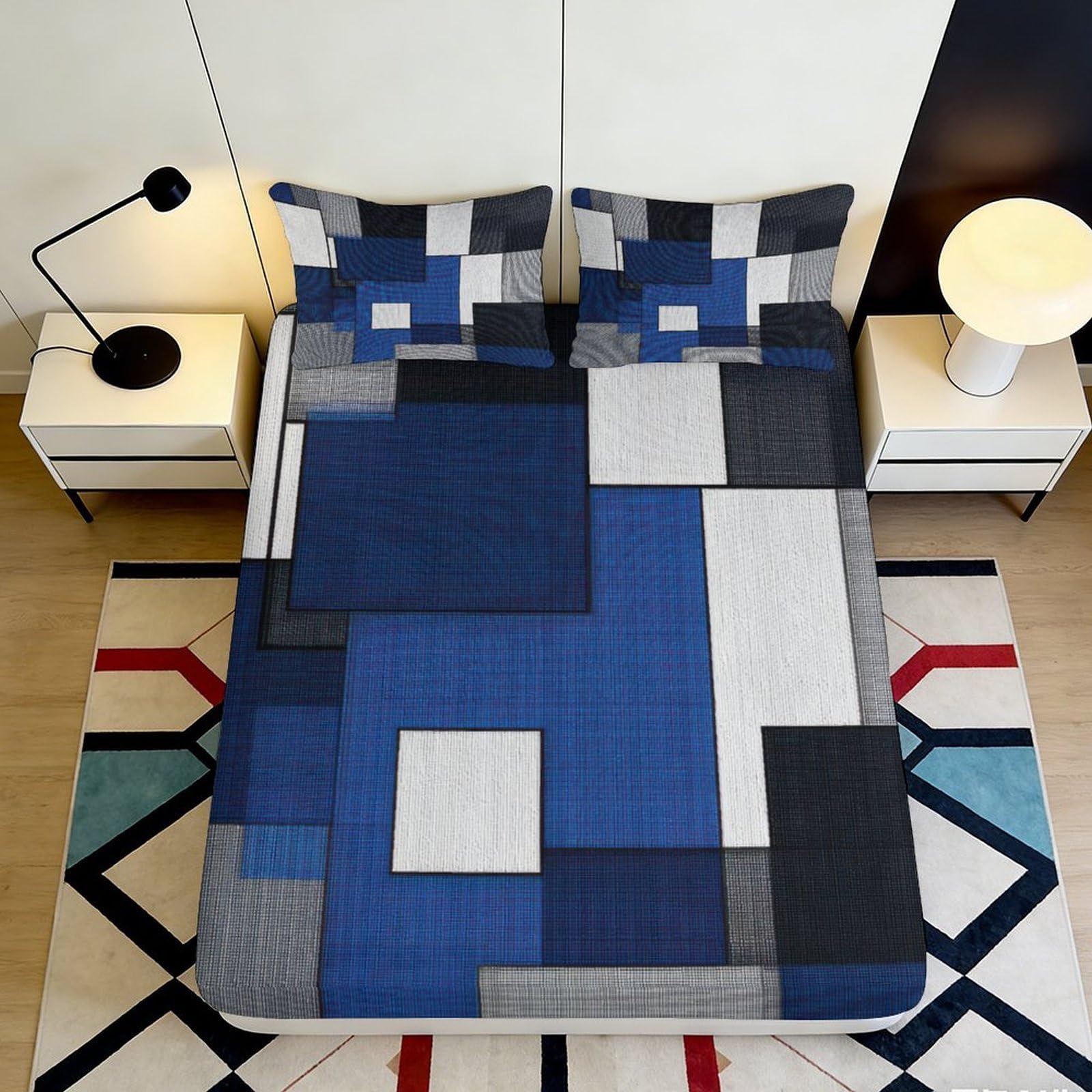 3D Printed Geometric Patchwork Fitted Sheet Microfiber Deep Pocket Geometric Mattress Fitted Cover Non-Slip Bedroom Bedding 200x200x25cm 90x200x25cm