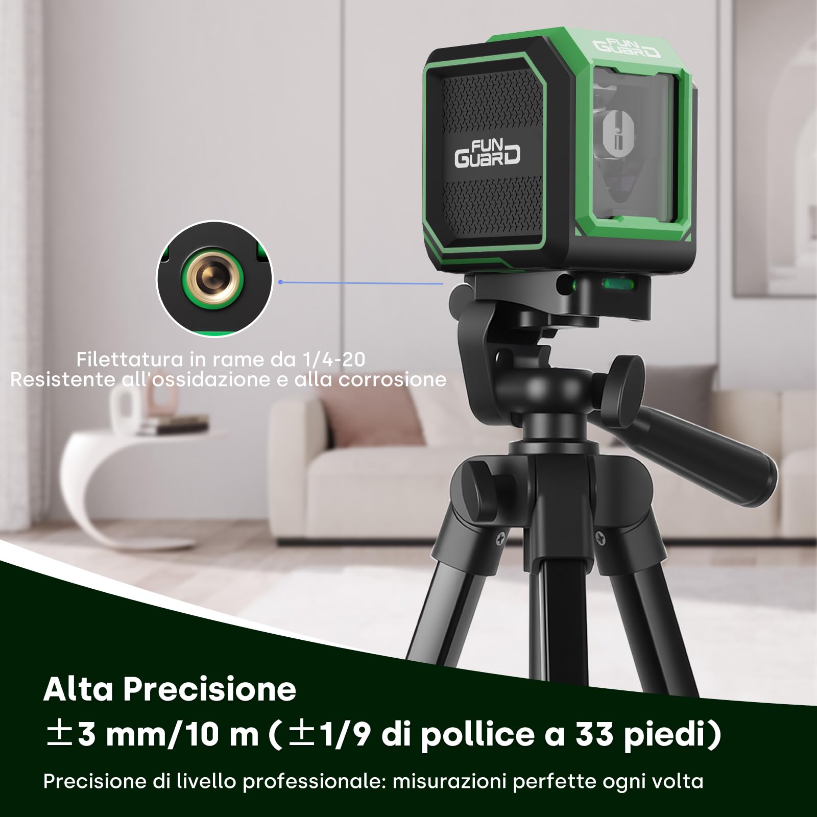 Livella Laser Verde con Treppiede, Autolivellante,2 Batteria AA | Treppiede regolabile, 30M Livello Laser Orizzontale e Verticale, IP54 per Cantieri, Decorazione per la casa, DIY, Portatile