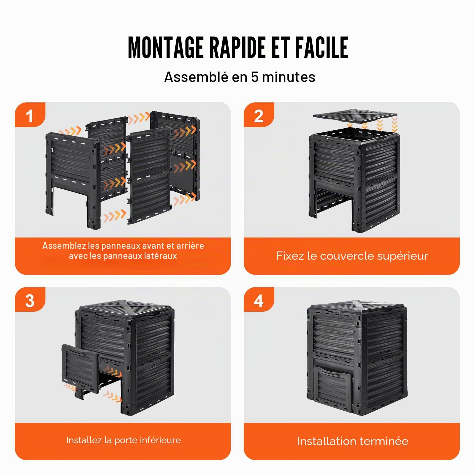 VEVOR Composteur de Jardin 300 L Bac à Compost Extérieur sans BPA avec Couvercle Porte Inférieure Grande Capacité Facile à Installer pour Collecte des Feuilles Compostage Création Rapide Sol Fertile