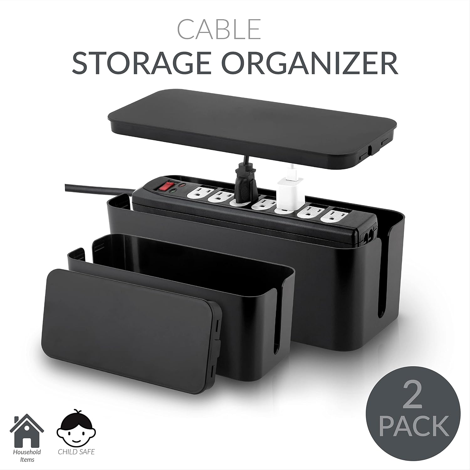 Black Rectangular Lidded Cable Organizer Storage Bin Set