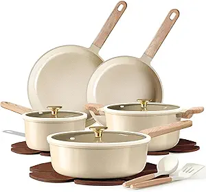 CAROTE Pots and Pans Set Non stick, Ceramic Cookware Set 14Pcs, Non-toxic Kitchen Cooking Set, PFAS and PFOA Free