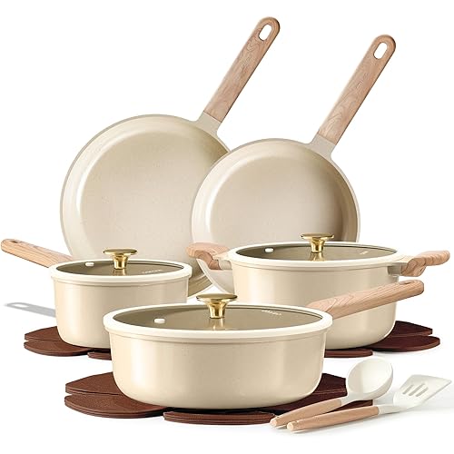 CAROTE Pots and Pans Set Non stick, Ceramic Cookware Set 14Pcs, Non-toxic Kitchen Cooking Set, PFAS and PFOA Free