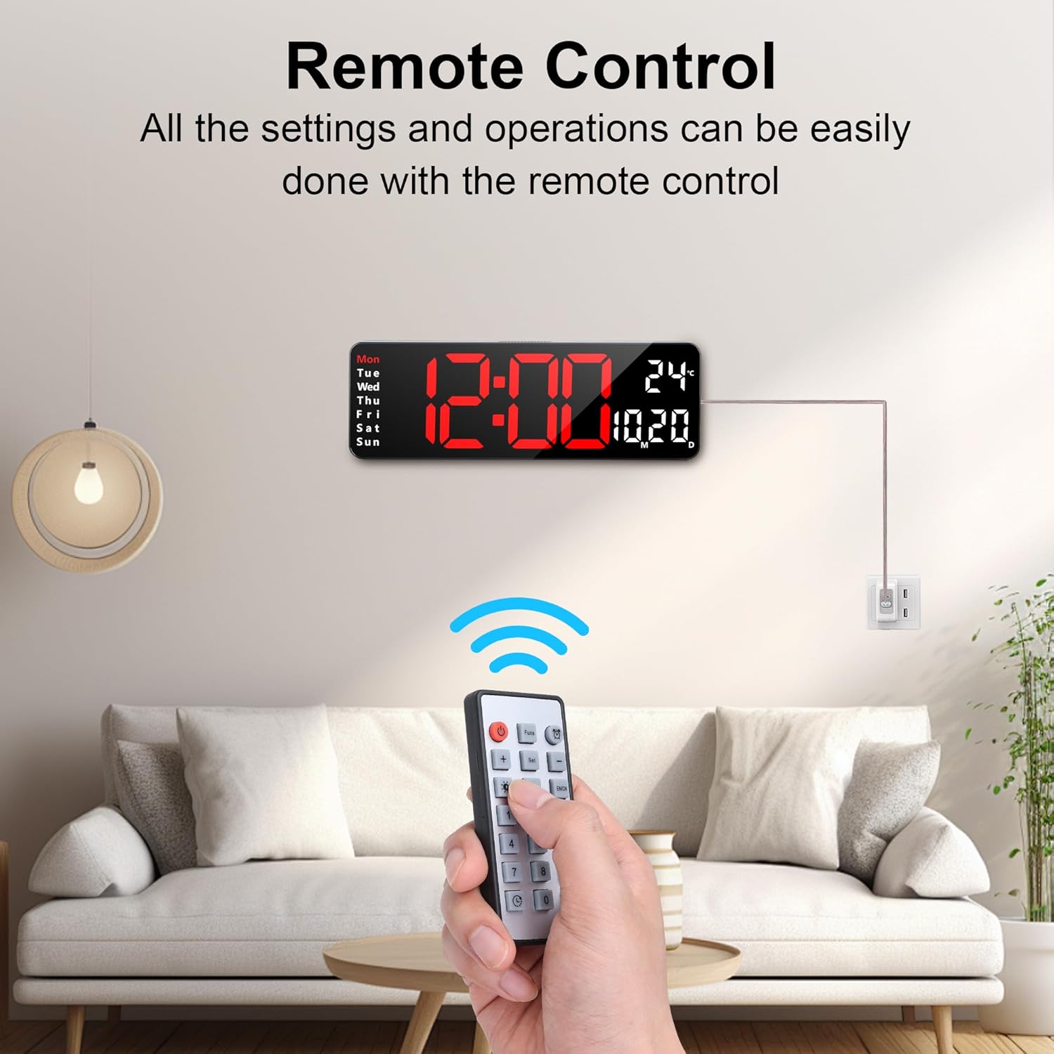 Lafocuse 13 Inch Silent Digital Wall Clock Red Large Display with Date Week Temperature, LED Clock with Remote Control for Living Room Decor Office Kitchen, Automatic Brightness Dimmer, Countdown