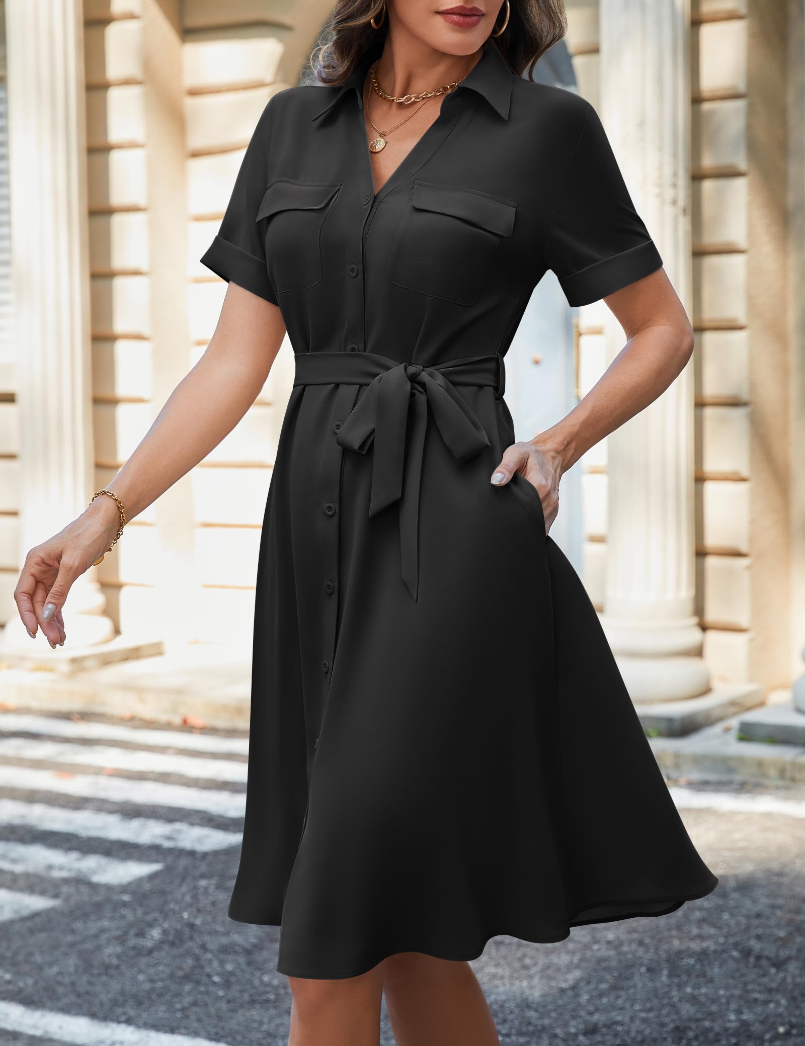 Amoretu Damen Kurzarm Blusenkleid Midi Chiffon Kleid mit Taschen und Band