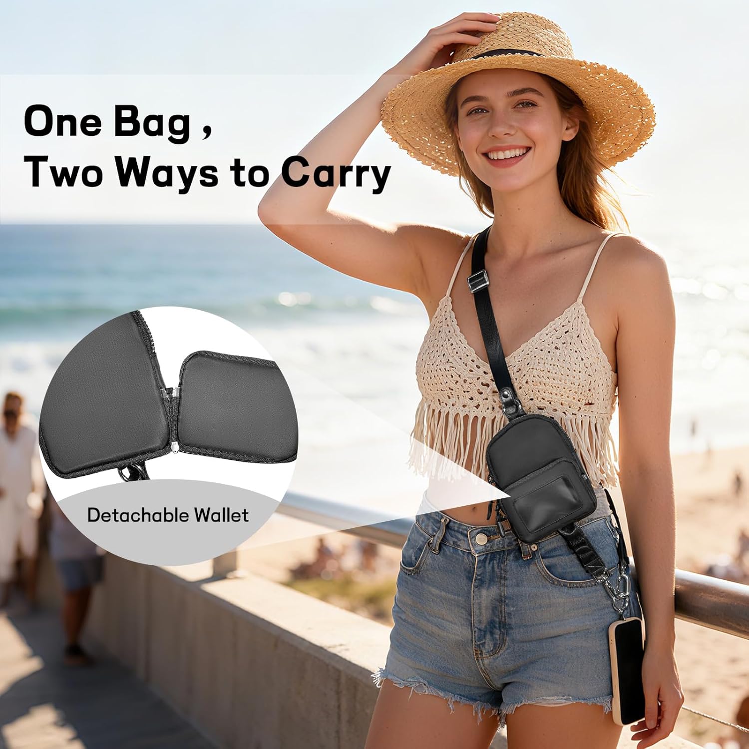 AIRSPO Clip and Go Strap for Phone with Wallet Crossbody, 3-in-1 Convertible Waist Bag with Detachable ID Window Case & Adjustable Strap (Black)