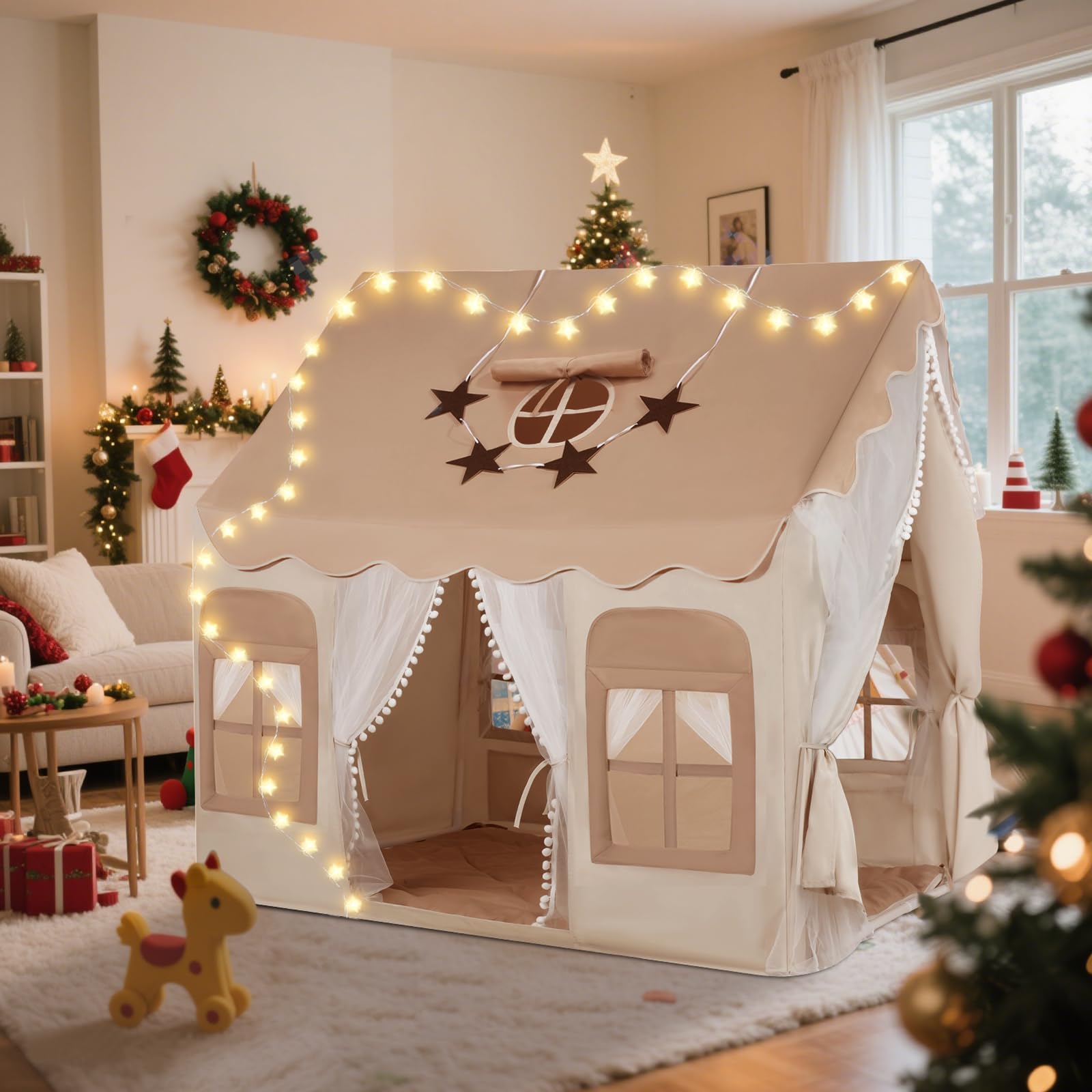 snookids Tienda para niños - Casa de Juego Interior con Alfombra, Luces, Colgantes de arcoíris y Bandera Estrellas, Tienda Juego para la decoración de la habitación niños y niñas