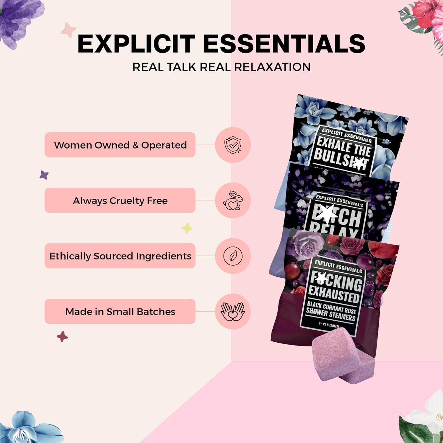 Explicit Essentials Shower Steamers Gift Set | 12 Aromatherapy Shower Steamers (3 Scent Trio) | Black Currant Rose, Lavender Mint & Eucalyptus Mint | Relaxation & Stress Relief Spa Gift for Self-Care