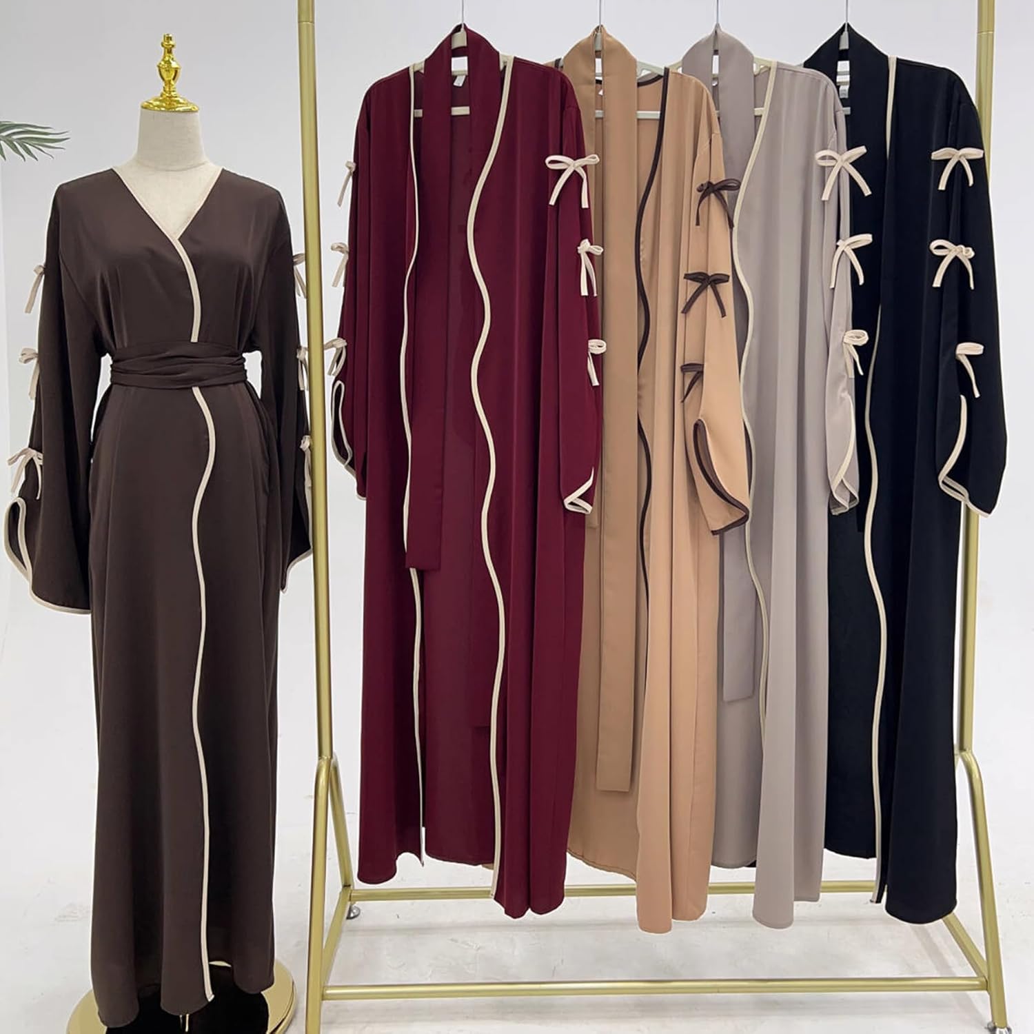 Abaya Dress for Women Muslim Bowknot Sleeves Islamic Prayer Casual Clothes Smooth Flowing Cardigan Dress