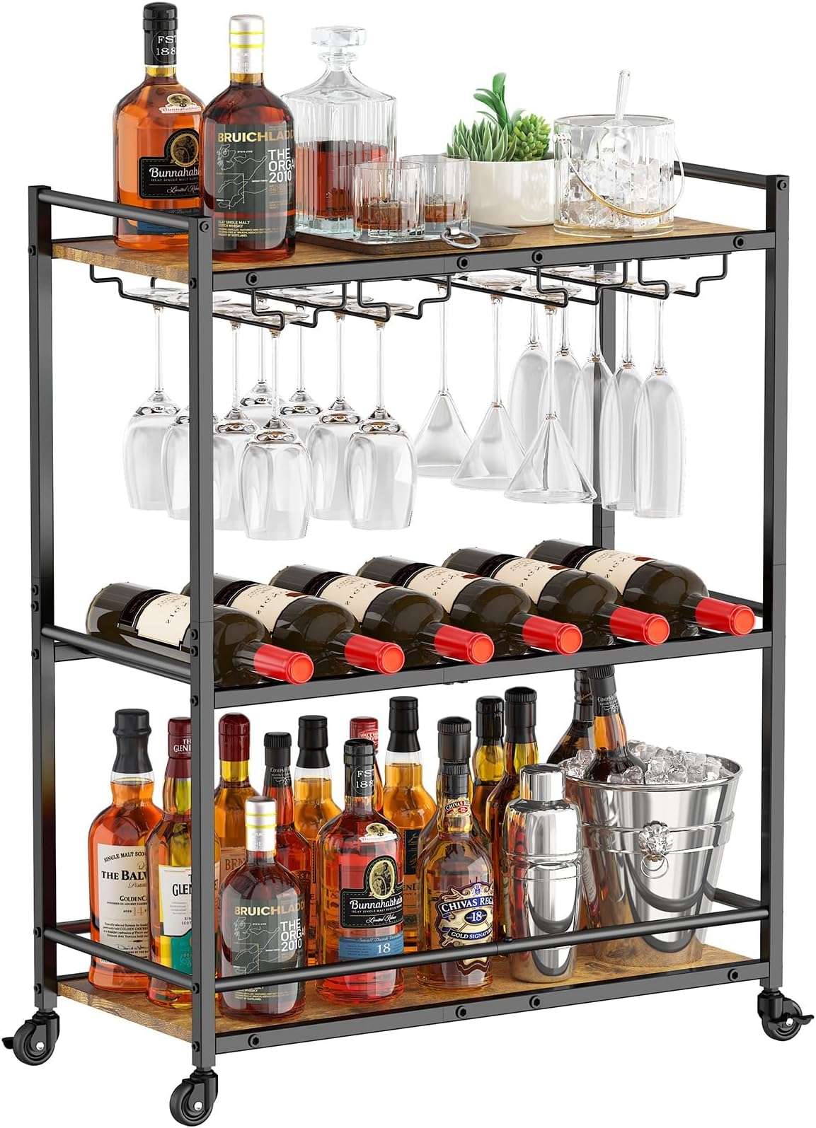 Bar Cart, 3 Tier Serving Home Bar with Lockable Wheels, Wine Rack and Glass Holders, Rolling Drink Mobile Liquor Cart for Kitchen Dining Livingroom, 24.9" x 11.8" x 32.1", Rustic Brown