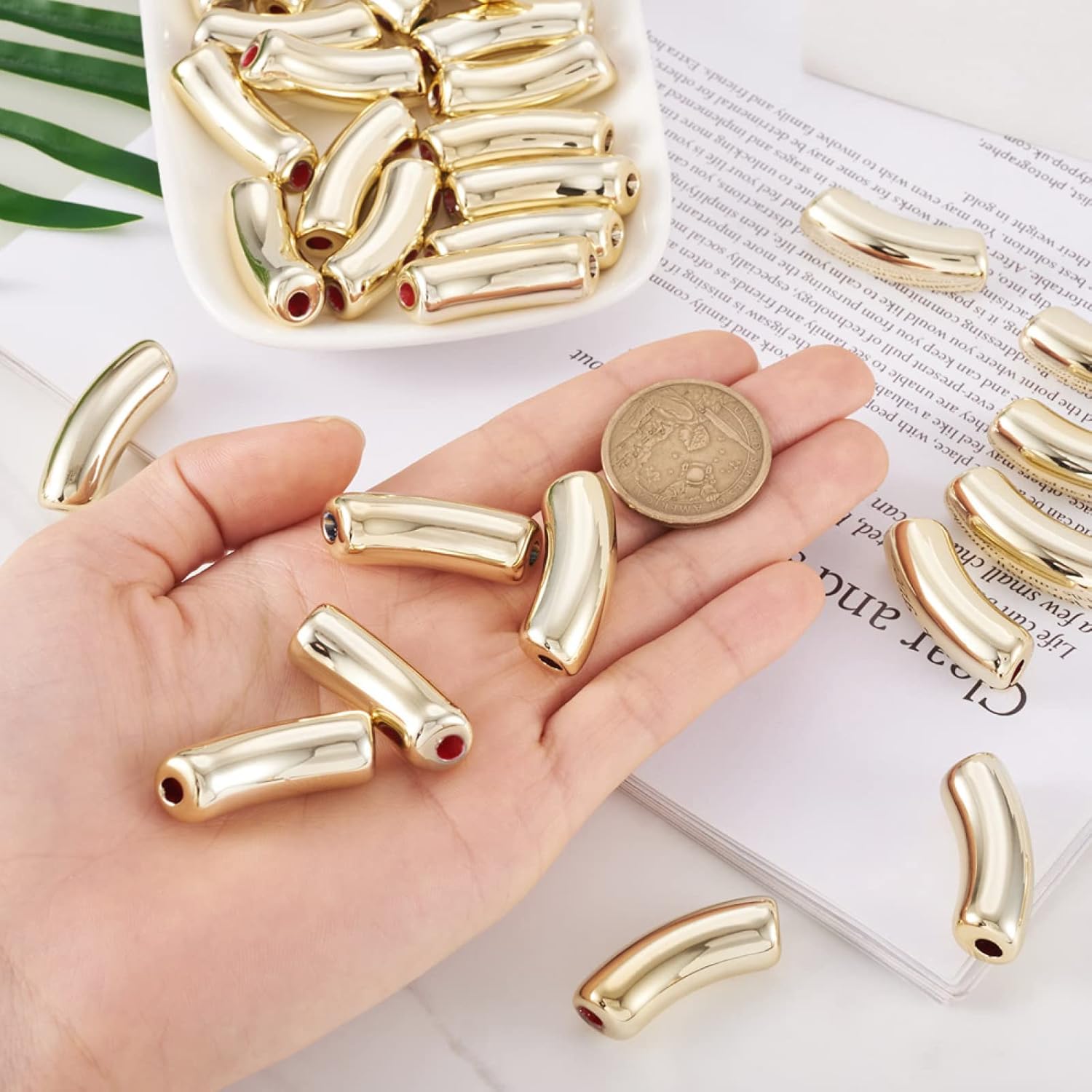 155pcs Acrylic Curved Tube Beads Gold Bamboo Bracelet Bangle Beads Large Hole Beads CCB Plastic Beads for Bracelet Jewelry Making Craft Supplies 35x14x11mm Hole: 3.5mm