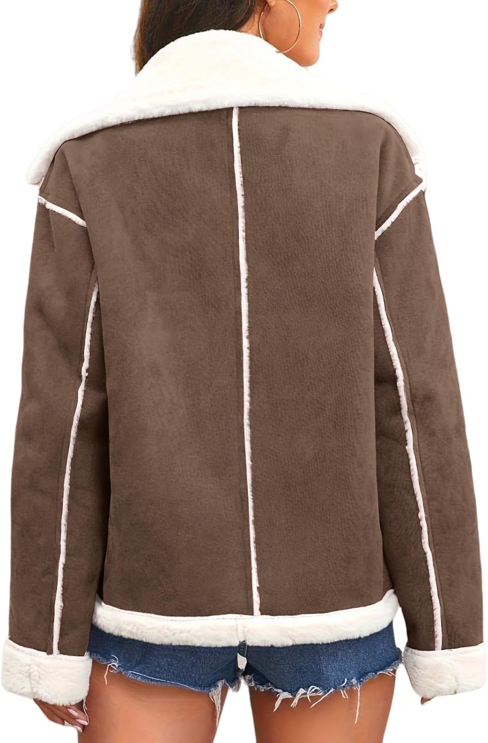 Womens Faux Suede Jacket Sherpa Lined Fur Leather Winter Coat Bomber Jackets Shearling Biker Moto Fleece Fuzzy Coats - Image 3