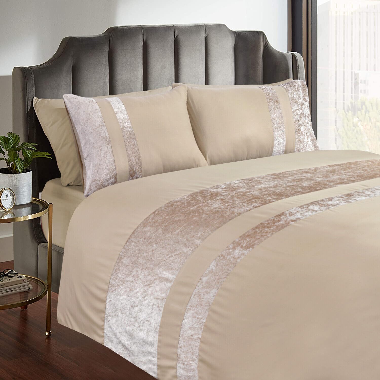 Casabella Beige Luxury Crushed Velvet Panel Band Duvet Cover Sets With Pillow Case Single Duvet Cover Bedding Set – Crush Velvet Single Duvet Cover Sets Size 1