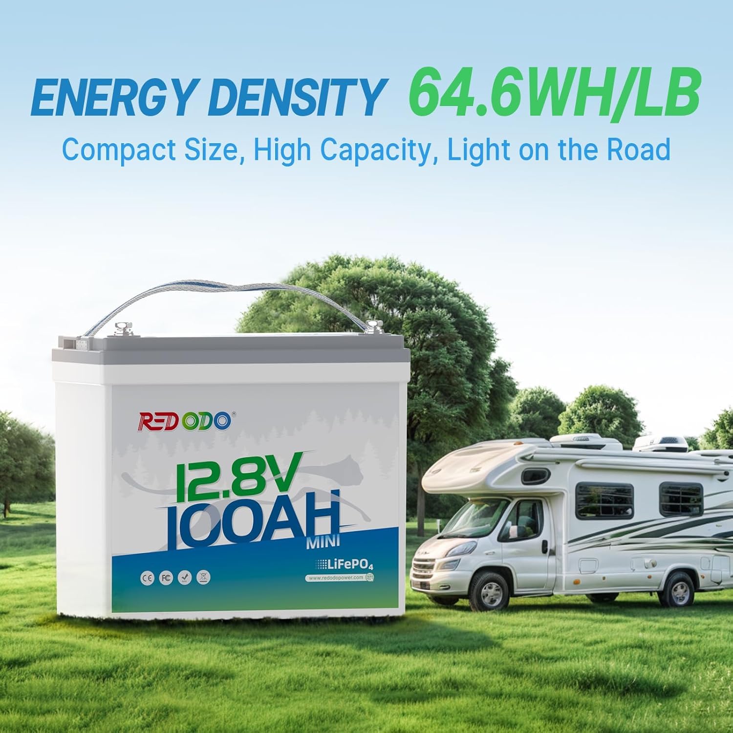 Redodo 12V LiFePO4 Battery 100Ah Mini with 14.6V 20A Battery Charger, Built-in 100A BMS, Up to 15000 Cycles & 10 Years Lifetime, Install in Any Directions, for Solar Home Energy Storage, RV, Camping