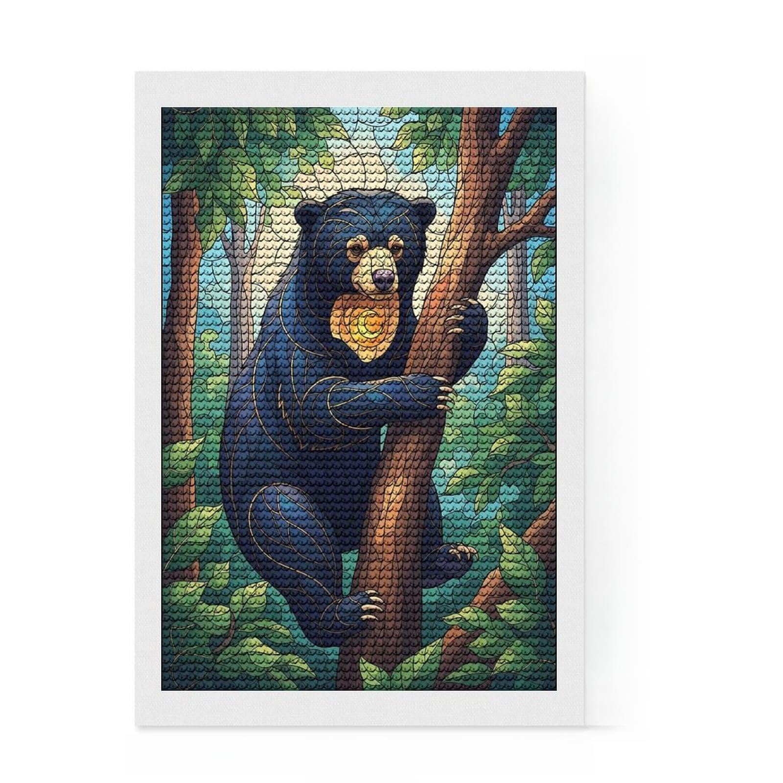 Junmoney Sun Bear Stained Glass Illustration DIY Diamond Art Canvas Kit 8"x12", Sparkling Crystal Beads, Modern Decor, Boho Decor, Christmas Gift