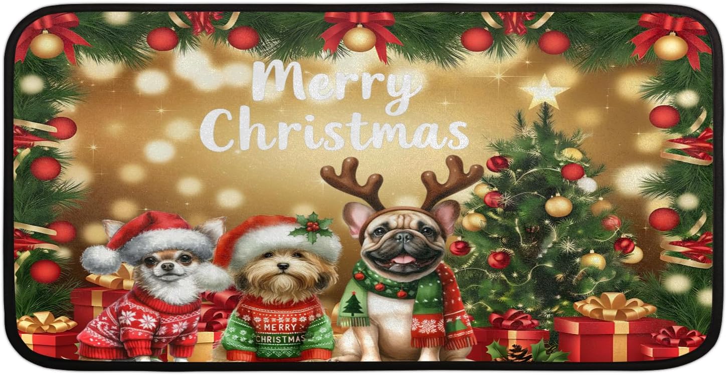 Kitchen Rug Xmas Christmas Dog Rainbow Decor Kitchen Mats Non Slip Floor Mat Washable Welcome Mat Farmhouse Rug for Kitchen Sink Indoor Entryway Laundry Home Decor Gift