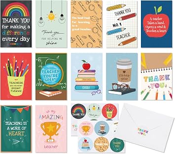 12 Pack Teacher Appreciation Cards with Envelopes & Stickers - Unique Assorted Thank You Cards with Message Inside, 4x6 Bulk Set for End of Year, Graduation & Teacher Gifts from Students