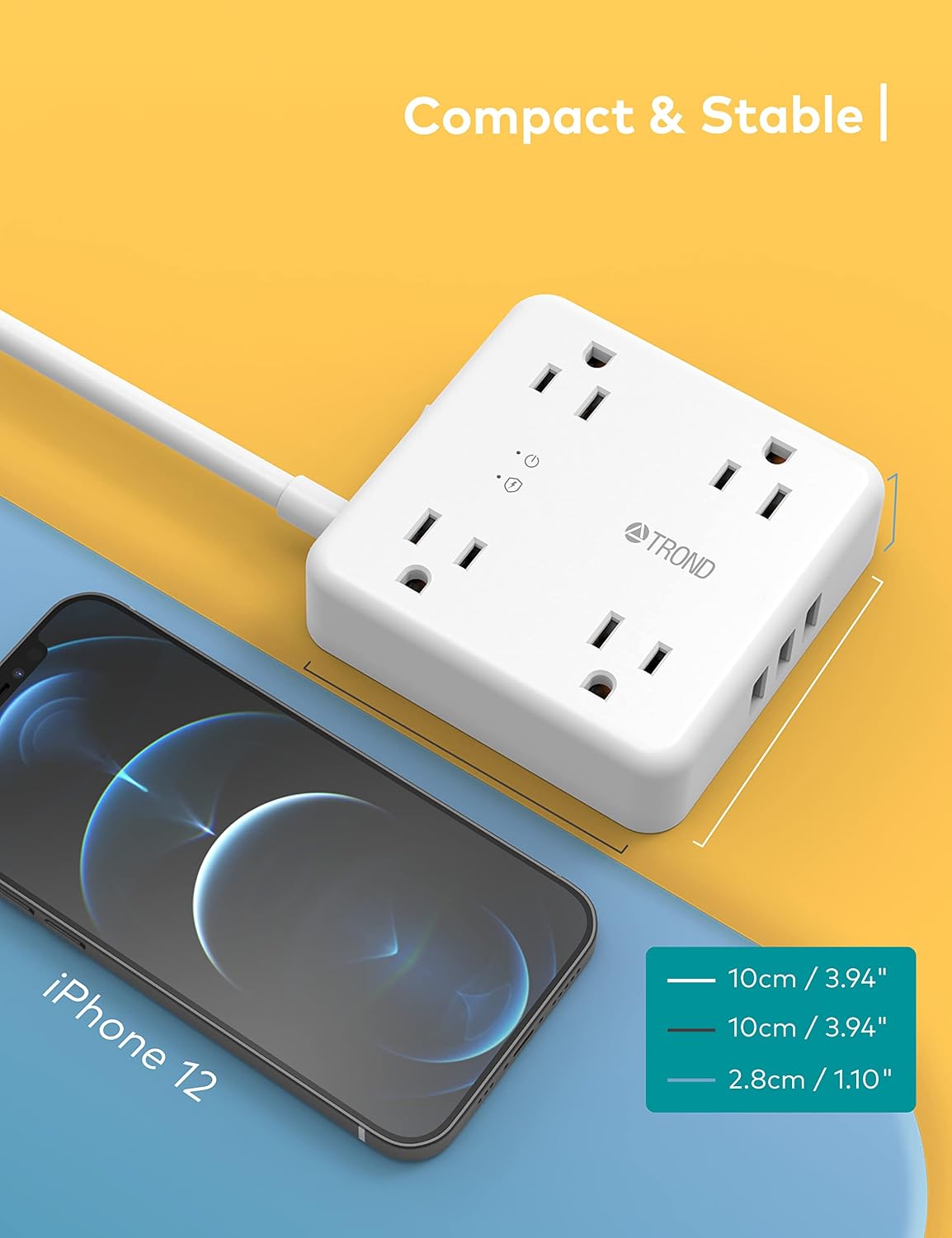15ft Long Extension Cord USB - TROND Power Strip Surge Protector Flat Plug, 4 Widely-Spaced AC Outlets, 3 USB Ports, Wall Mount, 1440J Protection, for Home Bedside Dorm Room Essentials, White