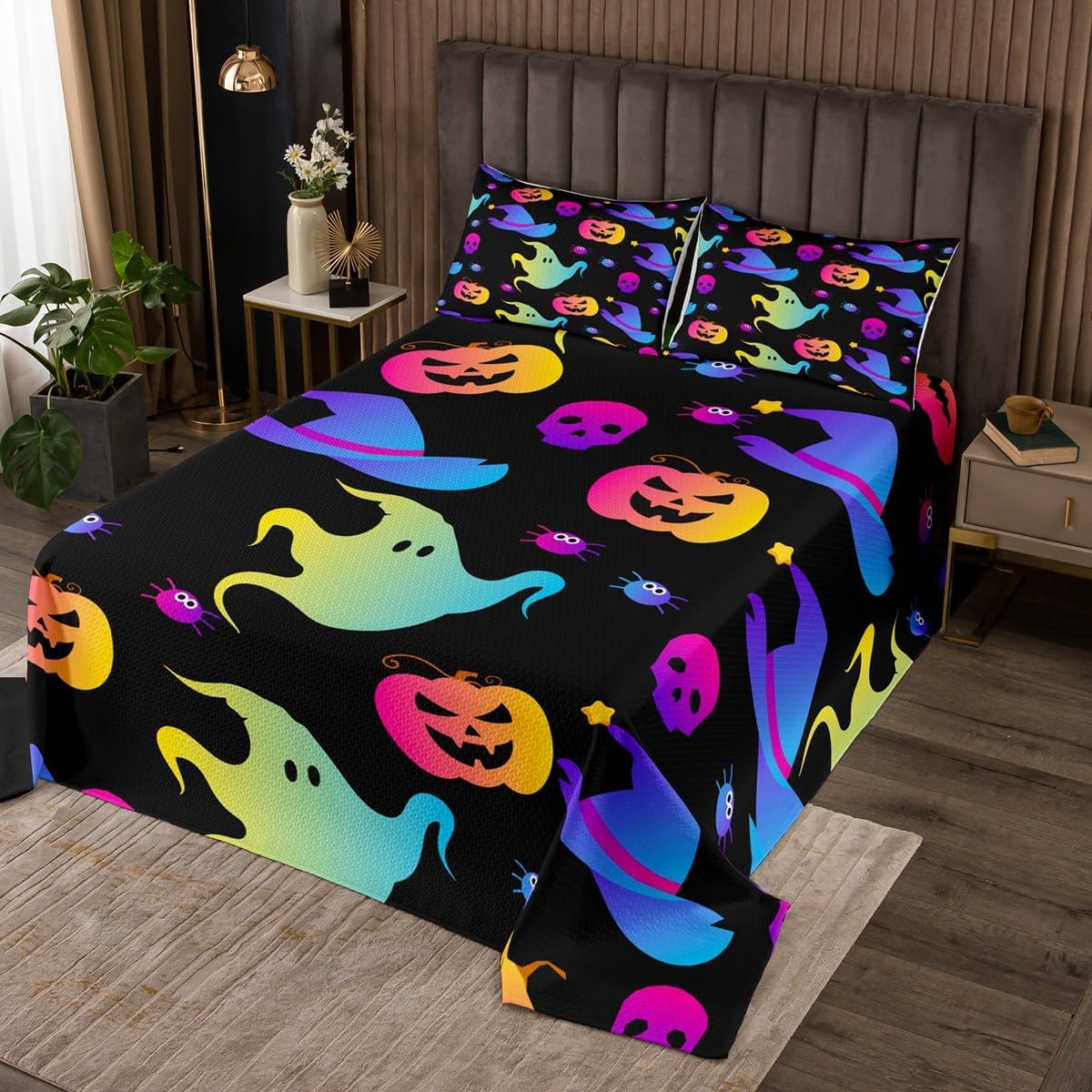 Erosebridal Sugar Skull Bedspread Funny Skeleton Halloween Decorations,Cartoon Gothic Spooky Bone Quilted King Size,Black and White Coverlet Set Piano Music Halloween Decor