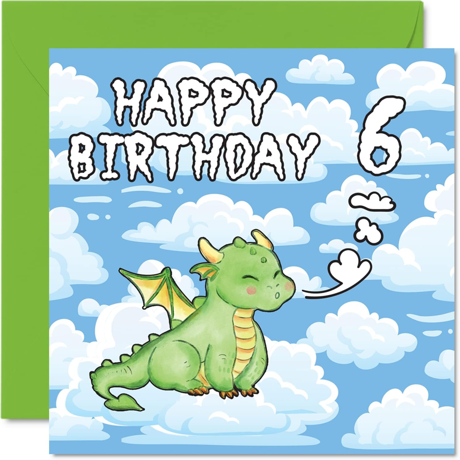 6th Birthday Card Unisex - Cute Dragon - Happy Birthday Card 6 Year Old, 5.7 x 5.7 Inch Greeting Card for Son Daughter Brother Sister Grandson Granddaughter Niece Nephew Cousin