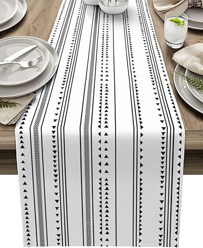 Camino de mesa bohemio blanco y negro, rayas geométricas, bufandas de algodón, lino, rectangular, mantel de mesa de cocina, decoración de mesa para