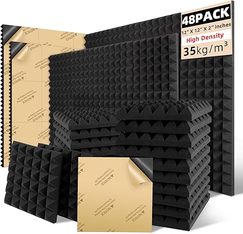 Miniatura 7 de Paneles de espuma acústica, paneles autoadhesivos de absorción de sonido, 12 x 12 x 2 pulgadas, estilo piramidal, de alta densidad para grabación de