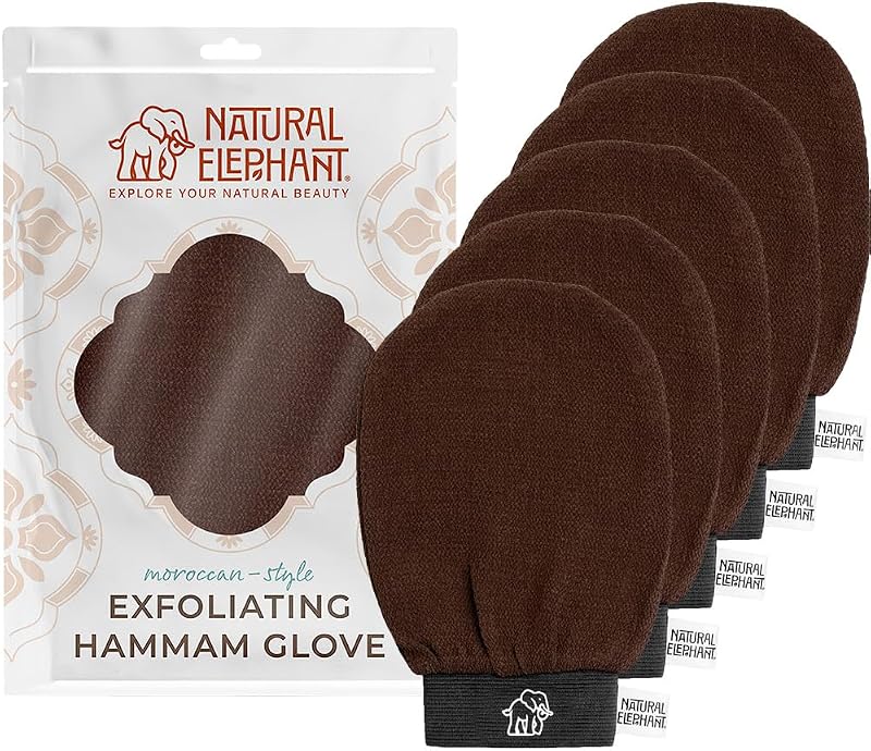 Luva esfoliante Hammam Natural Elephant para rosto e corpo, marrom chocolate, Pacote com 5