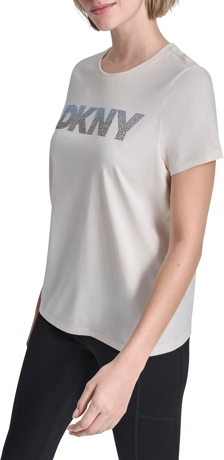 DKNY Womens Short Sleeve Crew Neck Ombre Rhinestone Logo T-Shirt - Image 3