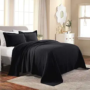 Superior Cotton Fleur De Lis Bedspread Set, Warm Blankets, All-Season Bedding, Bedroom Decor, Decorative Boho Medallion Coverlet, Includes 1 Bedspread, 2 Pillow Shams, Queen, Black