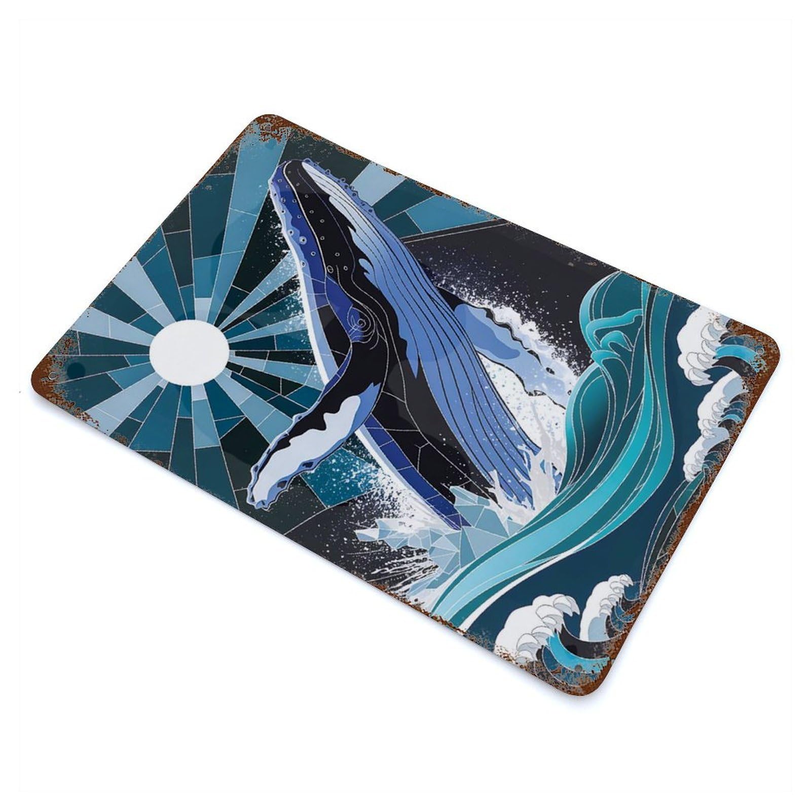 Whale Leaping from Waves Stained Glass 11.8"x7.9" Rustic Tin Plaque, Novelty Wall Decor for Living Room, Hallway And Home Decor