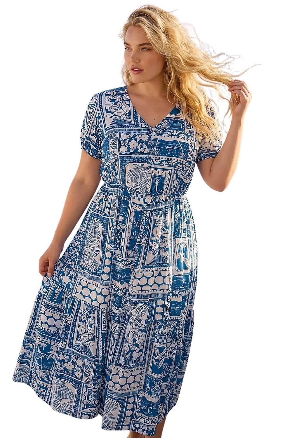 Roman Women's Blue Curve Postcard Print Midi Dress In | : Size 20