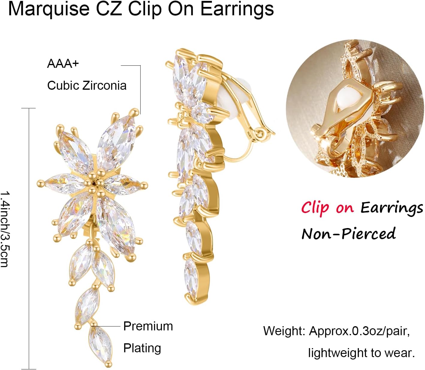 Marquise Cubic Zirconia Bridal Clip On Earrings, Non Pierced Wedding Earrings for Brides Bridesmaids - Image 6