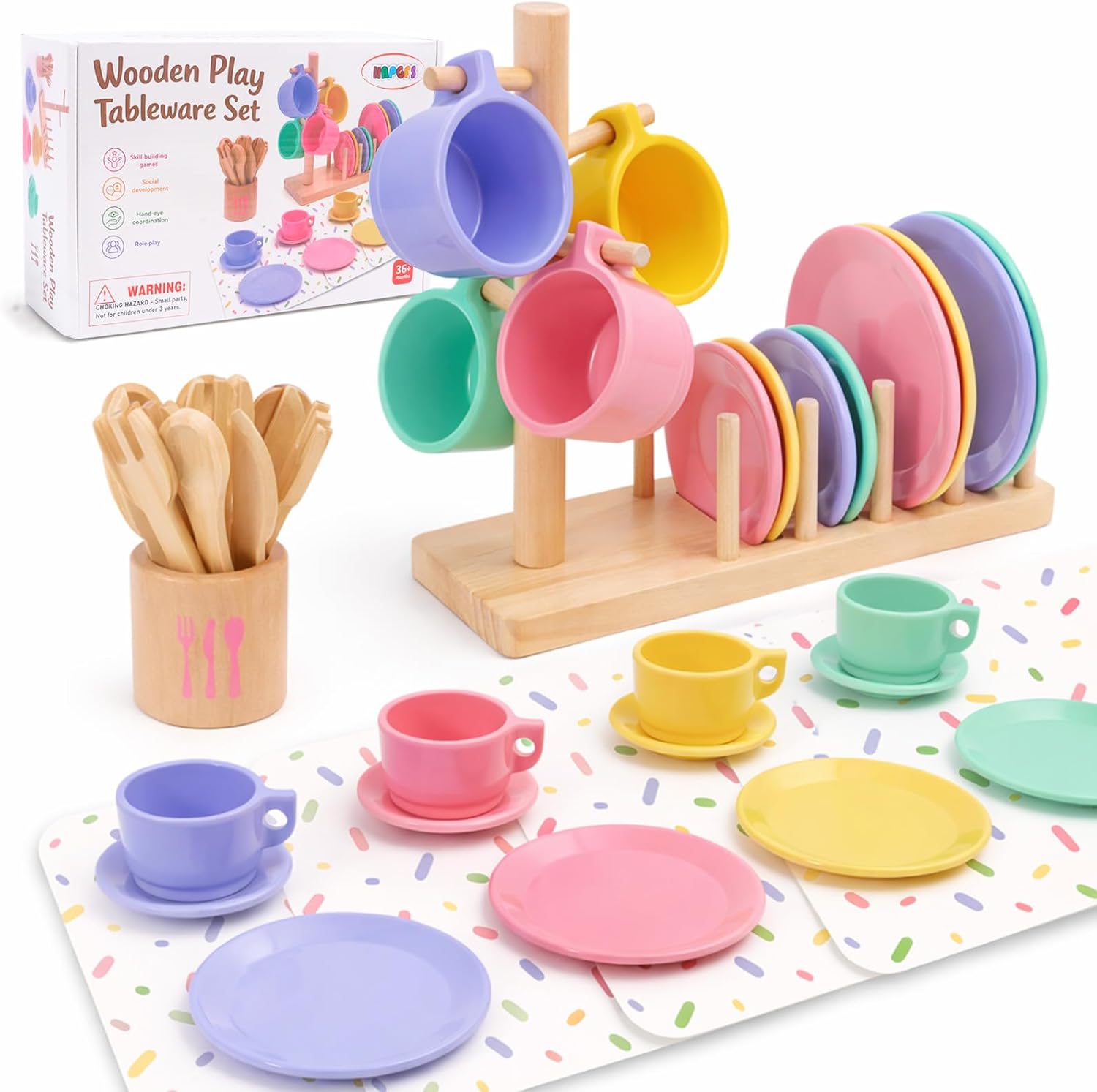HAPGFS Wooden Play Dishes Set with Integrated Drying Rack and Cup Holder Play Kitchen Accessories for Toddlers Montessori Pretend Play Kitchen Accessories Toy Plates Kitchen Set Gift 1-3 Years