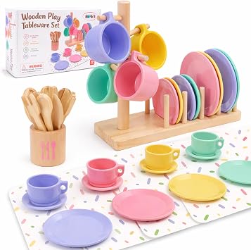 HAPGFS Wooden Play Dishes Set with Integrated Drying Rack and Cup Holder Play Kitchen Accessories for Toddlers Montessori Pretend Play Kitchen Accessories Toy Plates Kitchen Set Gift 1-3 Years