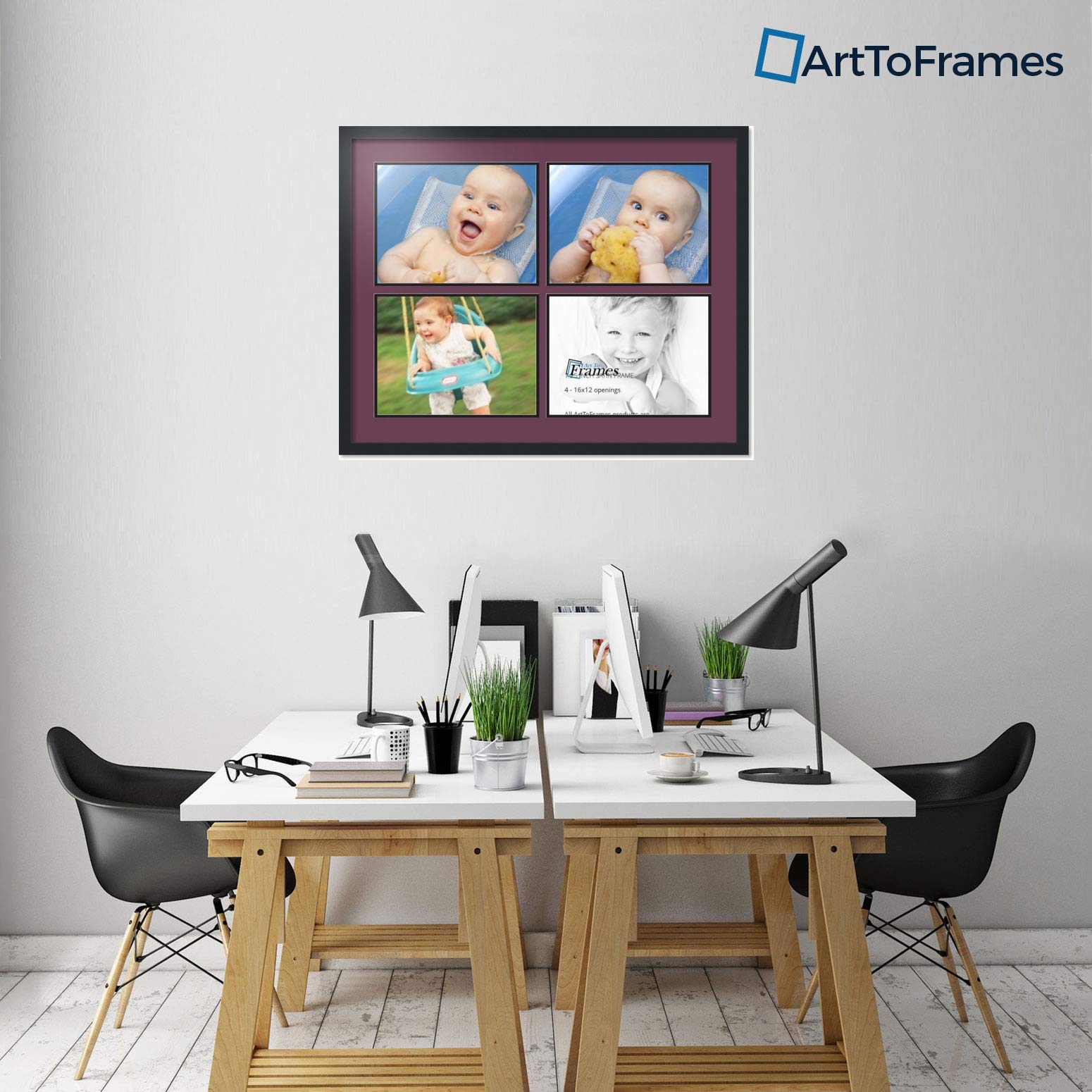 ArtToFrames Collage Photo Frame Double Mat with 4 - 12x16 Openings and Satin Black Frame