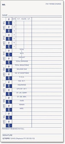 TOPS Tarjetas de tiempo, semanales, de 1 cara, 4 x 9 pulgadas, blanco stock, impresión azul, 100 unidades (12443)