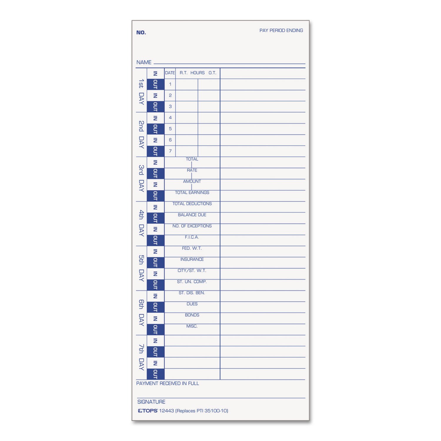 TOPS Zaman Kartları, Haftalık, Tek Taraflı, 4" x 9", Beyaz Stok, Mavi Baskı, 100 Adet (12443)