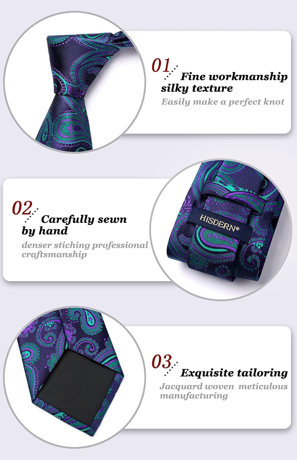 HISDERN Mens Ties Extra Long Tie and Pocket Square Set 63 Inch XL Tie Pack Collection Present Box Necktie Lot 3 PCS - Image 5