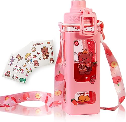 Miniatura 8 de Lindas botellas de agua con popote Kawaii para niñas, botella de agua portátil a prueba de fugas sin BPA con correa ajustable para el hombro y