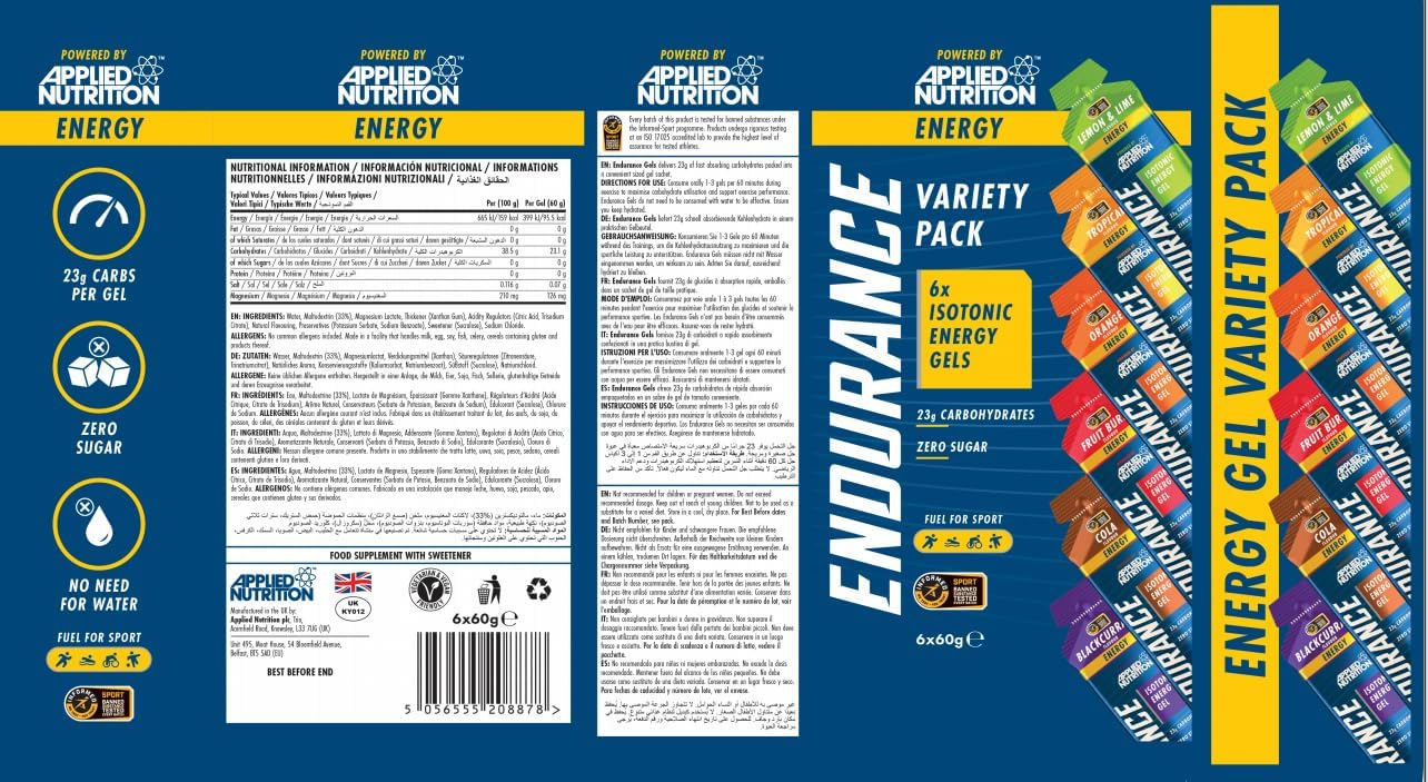 Applied Nutrition Endurance Isotonic Energy Gel, Variety Pack - 6 x 60g